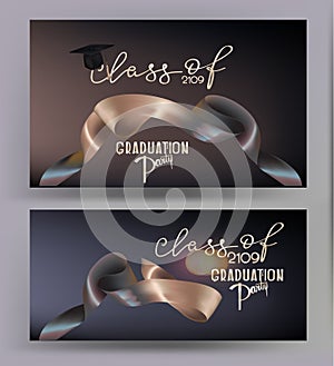 Graduation party elegant banners with two colored levitating ribbons.